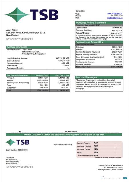 Премиум Скачать Новая Зеландия TSB Банк Ипотека Выписка Word и PDF Шаблон Photoshop Шаблон
