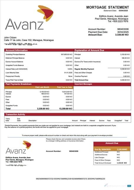 Редактируемый Скачать Никарагуа Banco Avanz Ипотека Выписка Word и PDF Шаблон Photoshop Шаблон