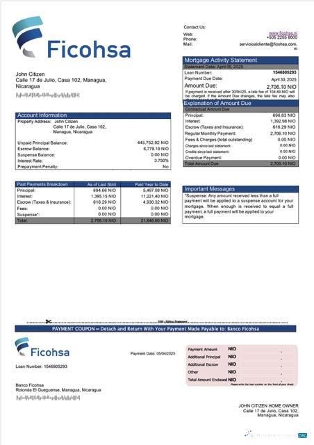 Профессиональный Скачать Никарагуа Banco Ficohsa Ипотека Выписка Word и PDF Шаблон Photoshop Шаблон
