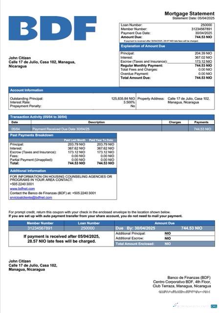 Профессиональный Скачать Никарагуа Banco de Finanzas (BDF) Ипотека Выписка Word и PDF Шаблон Photoshop Шаблон