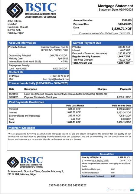 Реалистичный Скачать Нигер BSIC Банк Ипотека Выписка Word и PDF Шаблон Photoshop Шаблон