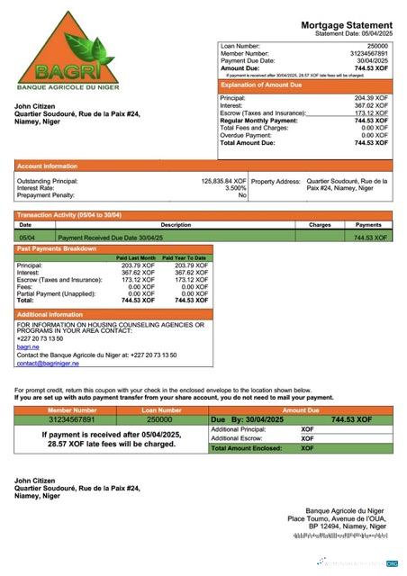Профессиональный Скачать Нигер Banque Agricole Du Нигер Ипотека Выписка Word и PDF Шаблон Photoshop Шаблон