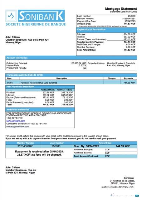 Реалистичный Скачать Нигер Sonibank Ипотека Выписка Word и PDF Шаблон Photoshop Шаблон