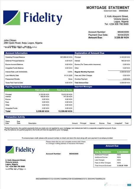 Профессиональный Скачать Нигерия Fidelity Банк Ипотека Выписка Word и PDF Шаблон Photoshop Шаблон