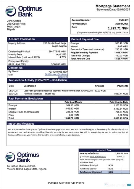 Премиум Скачать Нигерия Optimus Банк Ипотека Выписка Word и PDF Шаблон Photoshop Шаблон
