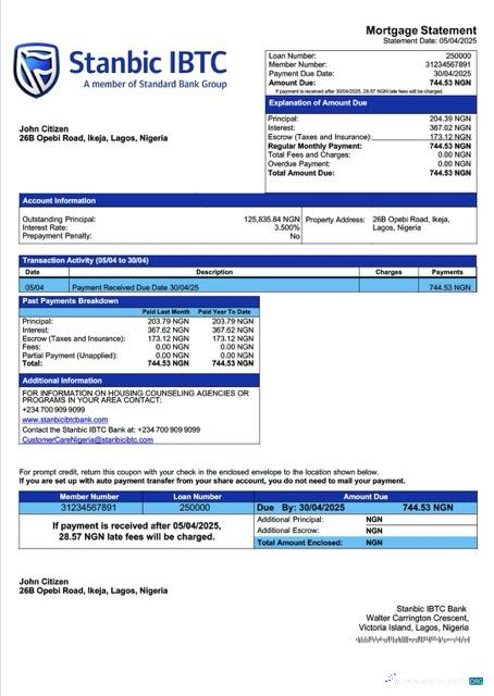 Редактируемый Скачать Нигерия Stanbic IBTC Банк Ипотека Выписка Word и PDF Шаблон Photoshop Шаблон