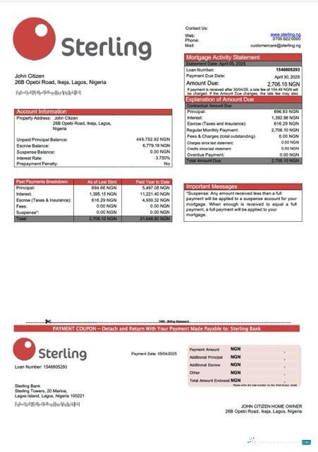 Премиум Скачать Нигерия Sterling Банк Ипотека Выписка Word и PDF Шаблон Photoshop Шаблон