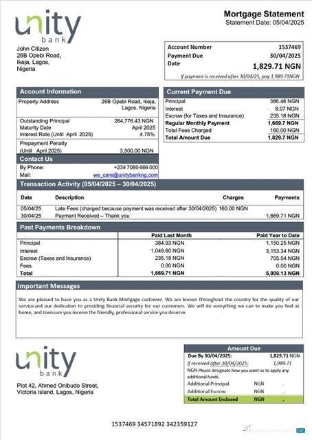 Редактируемый Скачать Нигерия Unity Банк Ипотека Выписка Word и PDF Шаблон Photoshop Шаблон