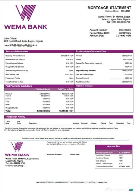 Редактируемый Скачать Нигерия Wema Банк Ипотека Выписка Word и PDF Шаблон Photoshop Шаблон