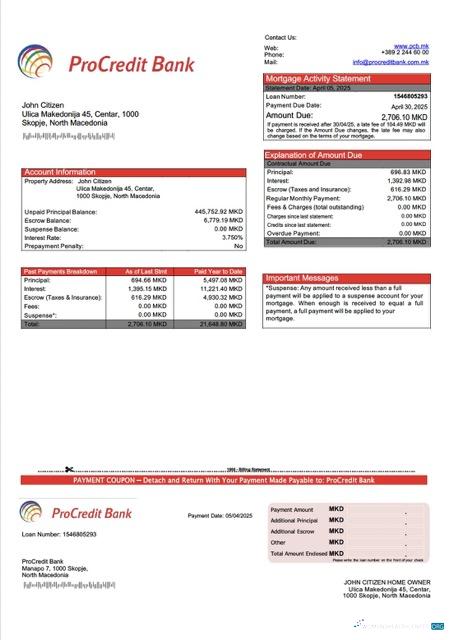 Редактируемый Скачать Северный Macedonia ПроКредит Банк Ипотека Выписка Word и PDF Шаблон Photoshop Шаблон
