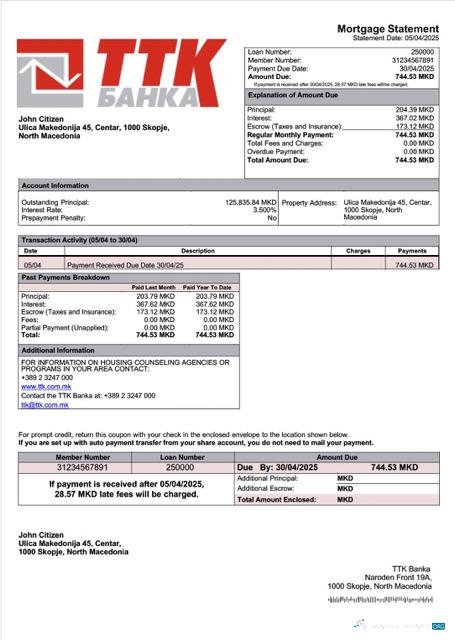 Реалистичный Скачать Северный Macedonia TTK Banka Ипотека Выписка Word и PDF Шаблон Photoshop Шаблон