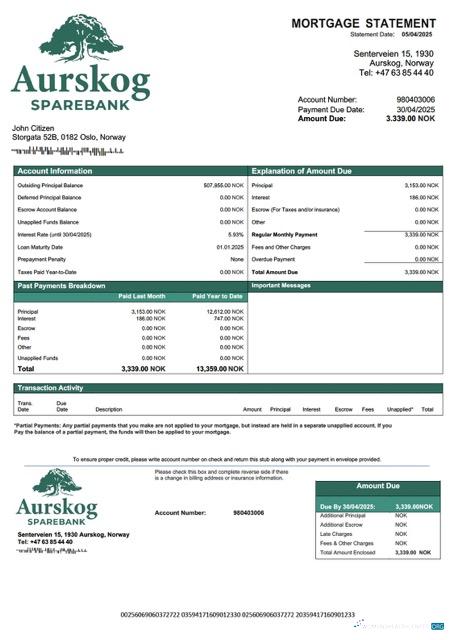 Реалистичный Скачать Норвегия Aurskog Sparebank Ипотека Выписка Word и PDF Шаблон Photoshop Шаблон