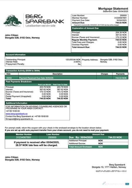 Профессиональный Скачать Норвегия Berg Sparebank Ипотека Выписка Word и PDF Шаблон Photoshop Шаблон
