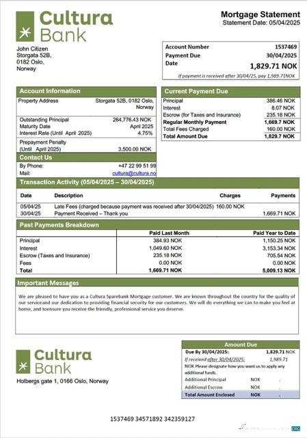 Реалистичный Скачать Норвегия Cultura Sparebank Ипотека Выписка Word и PDF Шаблон Photoshop Шаблон
