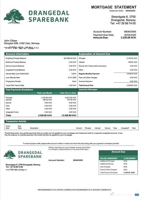 Реалистичный Скачать Норвегия Drangedal Sparebank Ипотека Выписка Word и PDF Шаблон Photoshop Шаблон