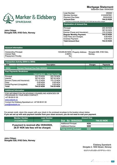 Качественный Скачать Норвегия Eidsberg Sparebank Ипотека Выписка Word и PDF Шаблон Photoshop Шаблон