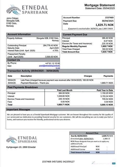 Редактируемый Скачать Норвегия Etnedal Sparebank Ипотека Выписка Word и PDF Шаблон Photoshop Шаблон