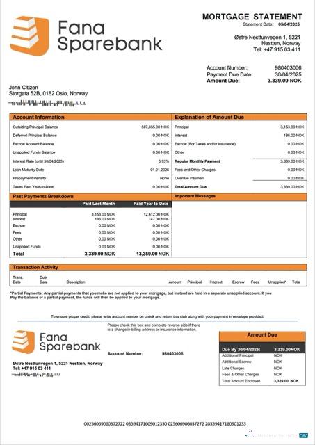 Реалистичный Скачать Норвегия Fana Sparebank Ипотека Выписка Word и PDF Шаблон Photoshop Шаблон