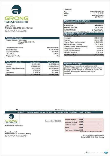 Профессиональный Скачать Норвегия Grong Sparebank Ипотека Выписка Word и PDF Шаблон Photoshop Шаблон