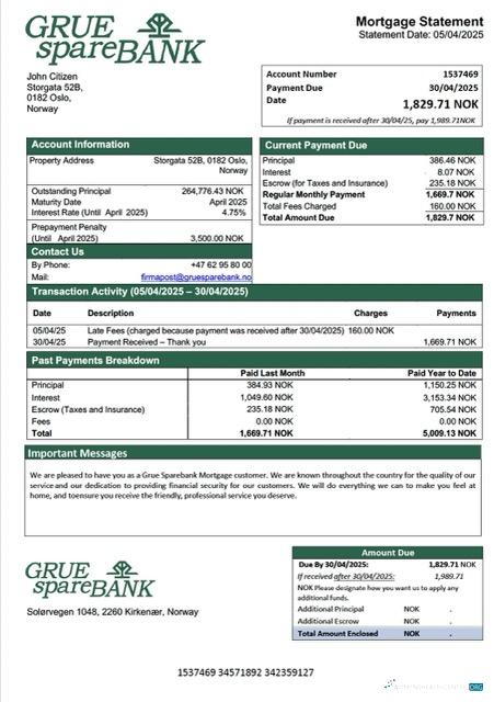 Качественный Скачать Норвегия Grue Sparebank Ипотека Выписка Word и PDF Шаблон Photoshop Шаблон