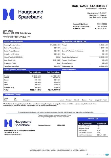 Качественный Скачать Норвегия Haugesund Sparebank Ипотека Выписка Word и PDF Шаблон Photoshop Шаблон