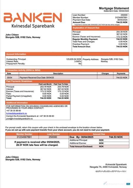 Профессиональный Скачать Норвегия Kvinesdal Sparebank Ипотека Выписка Word и PDF Шаблон Photoshop Шаблон