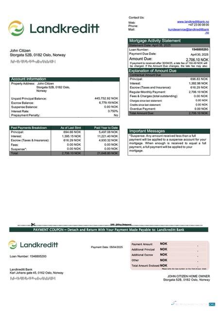 Редактируемый Скачать Норвегия Landkreditt Банк Ипотека Выписка Word и PDF Шаблон Photoshop Шаблон