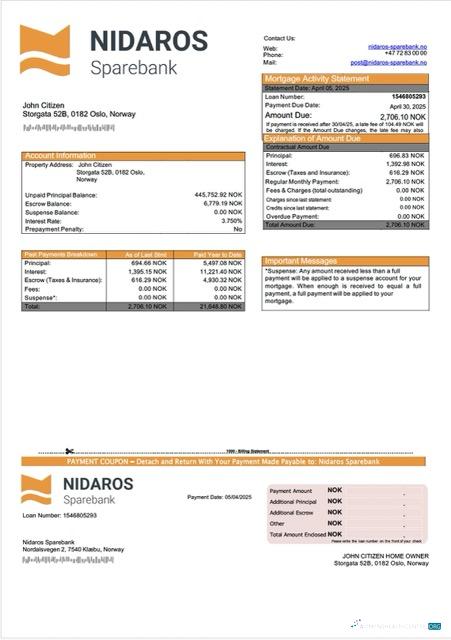Редактируемый Скачать Норвегия Nidaros Sparebank Ипотека Выписка Word и PDF Шаблон Photoshop Шаблон