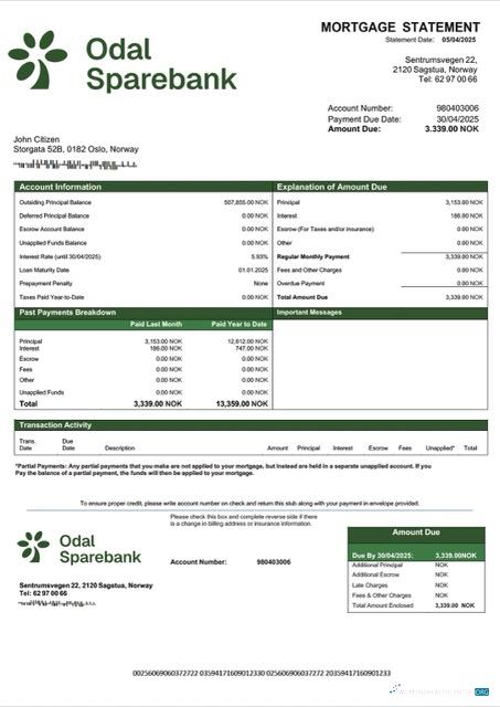 Редактируемый Скачать Норвегия Odal Sparebank Ипотека Выписка Word и PDF Шаблон Photoshop Шаблон