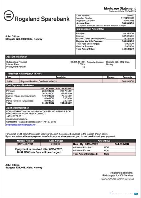 Премиум Скачать Норвегия Rogaland Sparebank Ипотека Выписка Word и PDF Шаблон Photoshop Шаблон