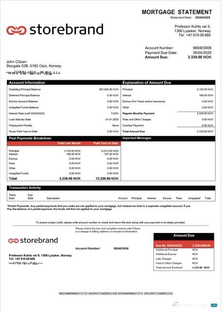 Качественный Скачать Норвегия Storebrand Банк Ипотека Выписка Word и PDF Шаблон Photoshop Шаблон