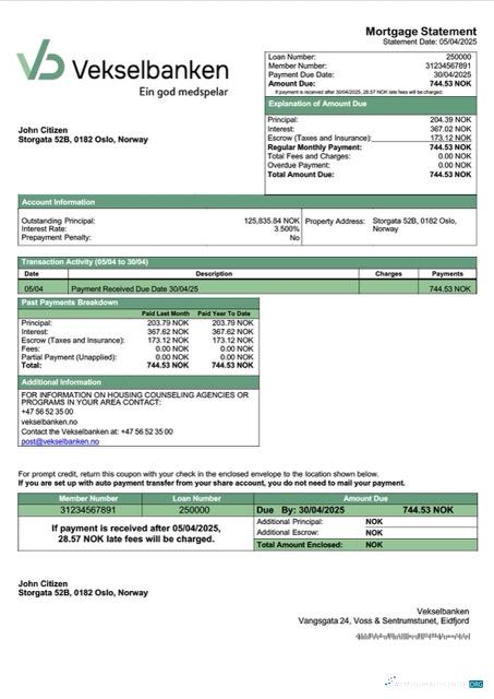 Реалистичный Скачать Норвегия Vekselbanken Ипотека Выписка Word и PDF Шаблон Photoshop Шаблон