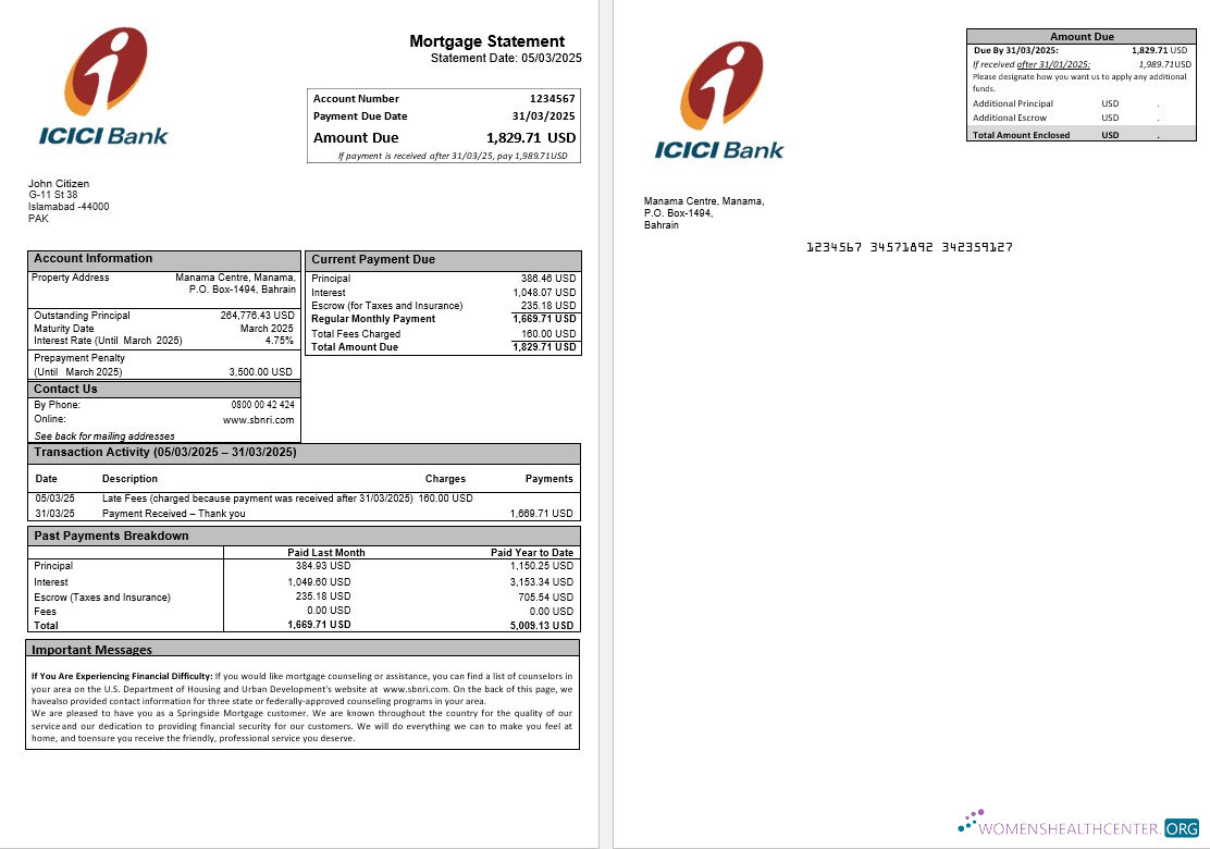 Реалистичный Скачать Пакистан ICICI Ипотека Выписка в Word и PDF Formats Without Wm Photoshop Шаблон