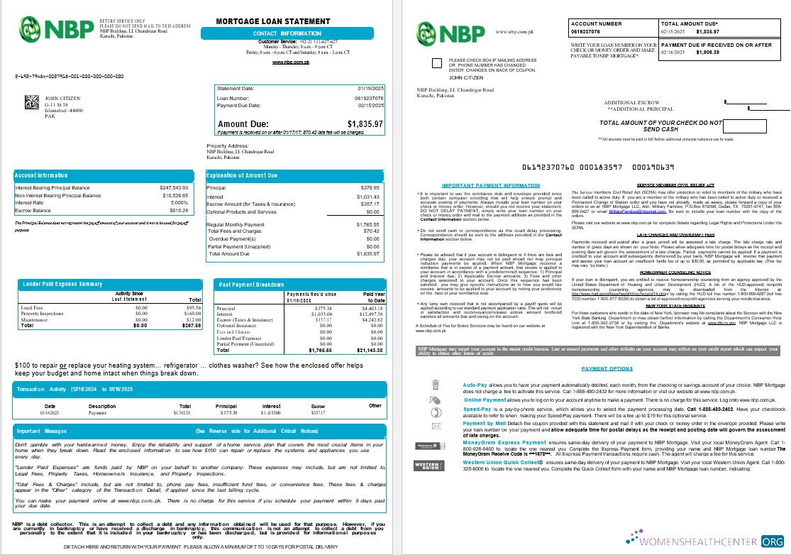 Профессиональный Скачать Пакистан NBP Ипотека Займ Выписка в Word и PDF Formats , 8 Страниц 1 2 Photoshop Шаблон
