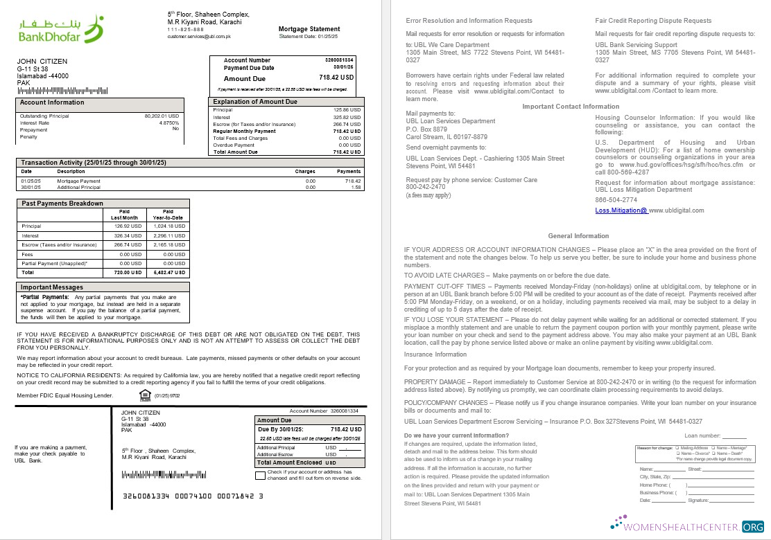 Качественный Скачать Пакистан UBL Ипотека Выписка в Word и PDF Formats Photoshop Шаблон