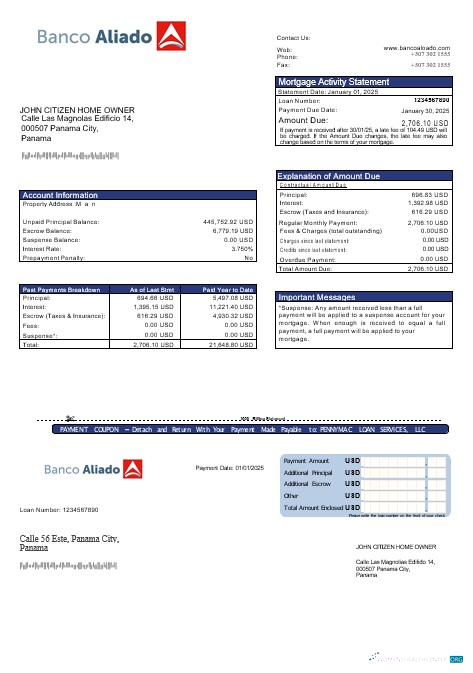 Профессиональный Скачать Панама Banco Aliado Ипотека Выписка в Word и PDF Formats Photoshop Шаблон