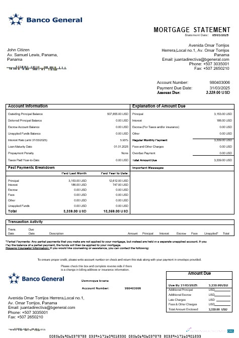 Профессиональный Скачать Панама Banco General Ипотека Выписка в Word и PDF Formats Photoshop Шаблон