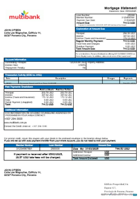 Реалистичный Скачать Панама Multibank Ипотека Выписка в Word и PDF Formats Photoshop Шаблон