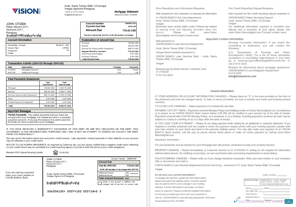 Редактируемый Скачать Парагвай Vision Banco Ипотека Выписка в Word и PDF Formats Photoshop Шаблон