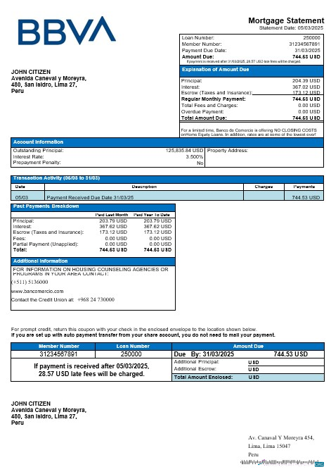 Премиум Скачать Перу Banco de Comercio Ипотека Выписка в Word и PDF Formats Photoshop Шаблон