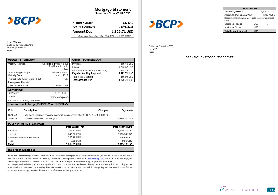 Профессиональный Скачать Перу Banco de Credito (BCP) Ипотека Выписка в Word и PDF Formats Photoshop Шаблон