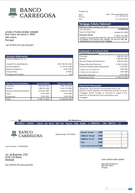 Реалистичный Скачать Португалия Banco Carregosa Ипотека Выписка в Word и PDF Formats Photoshop Шаблон
