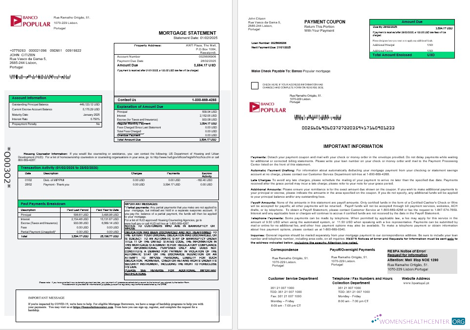Профессиональный Скачать Португалия Banco Popular Ипотека Выписка в Word и PDF Formats 1 2 Photoshop Шаблон