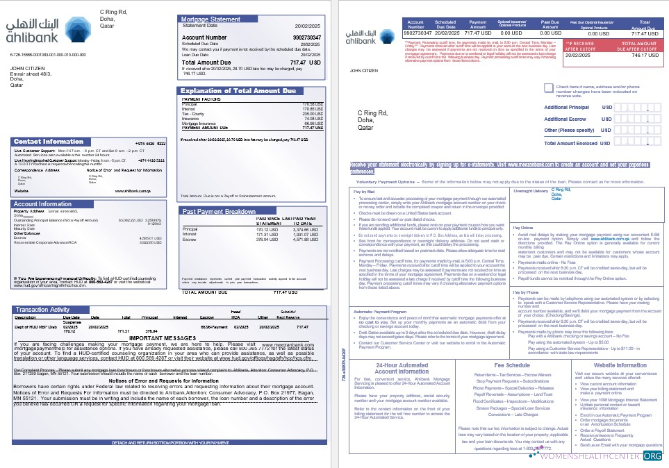 Реалистичный Скачать Катар Ahlibank Ипотека Выписка в Word и PDF Formats 1 2 Photoshop Шаблон