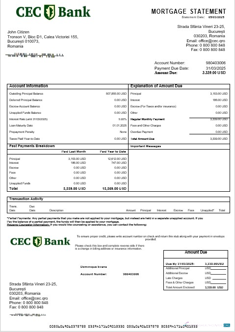 Качественный Скачать Румыния CEC Банк Ипотека Выписка в Word и PDF Formats Photoshop Шаблон