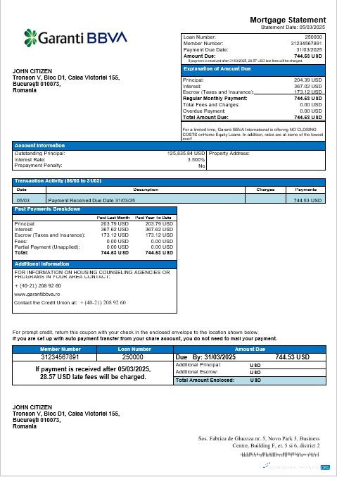 Реалистичный Скачать Румыния Garanti BBVA Ипотека Выписка в Word и PDF Formats Photoshop Шаблон