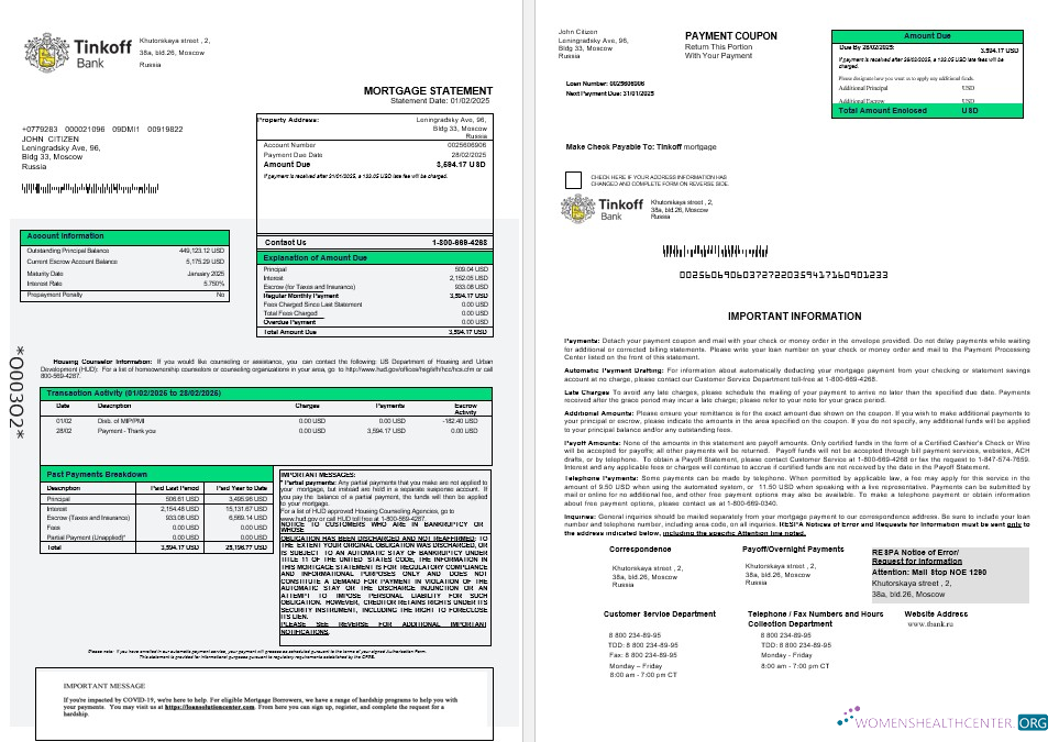Реалистичный Скачать Россия Tinkoff Ипотека Выписка в Word и PDF Formats 1 2 Photoshop Шаблон