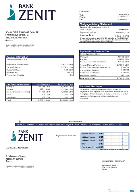Премиум Скачать Россия Zenit Банк Ипотека Выписка в Word и PDF Formats Photoshop Шаблон