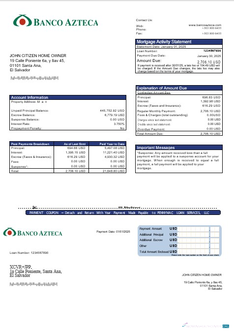 Профессиональный Скачать Сальвадор Banco Azteca Ипотека Выписка в Word и PDF Formats Photoshop Шаблон