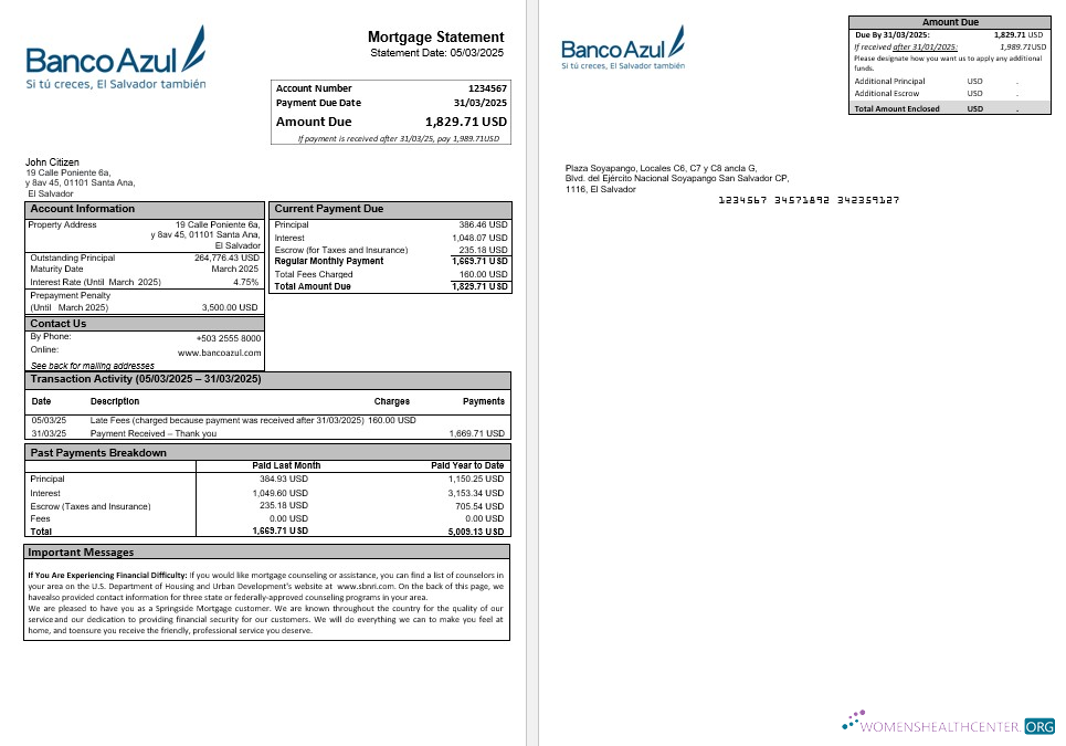 Редактируемый Скачать Сальвадор Banco Azul Ипотека Выписка в Word и PDF Formats Photoshop Шаблон